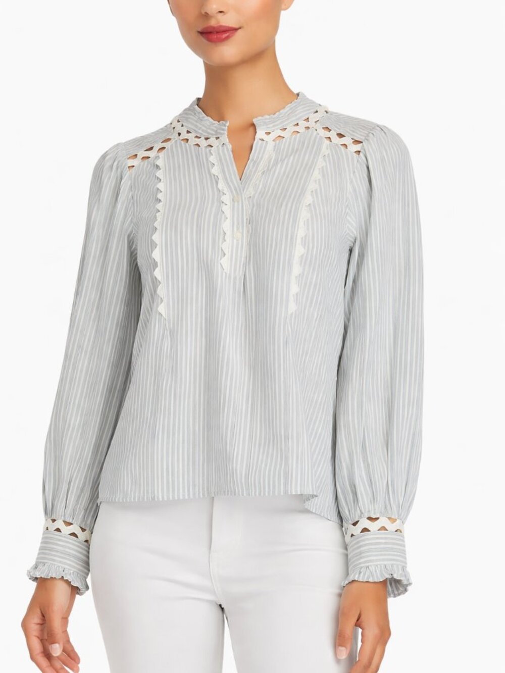 Sam Edelman Blue Stripe Blouse M Lace Trim Ruffle Collar Cottagecore Boho Top